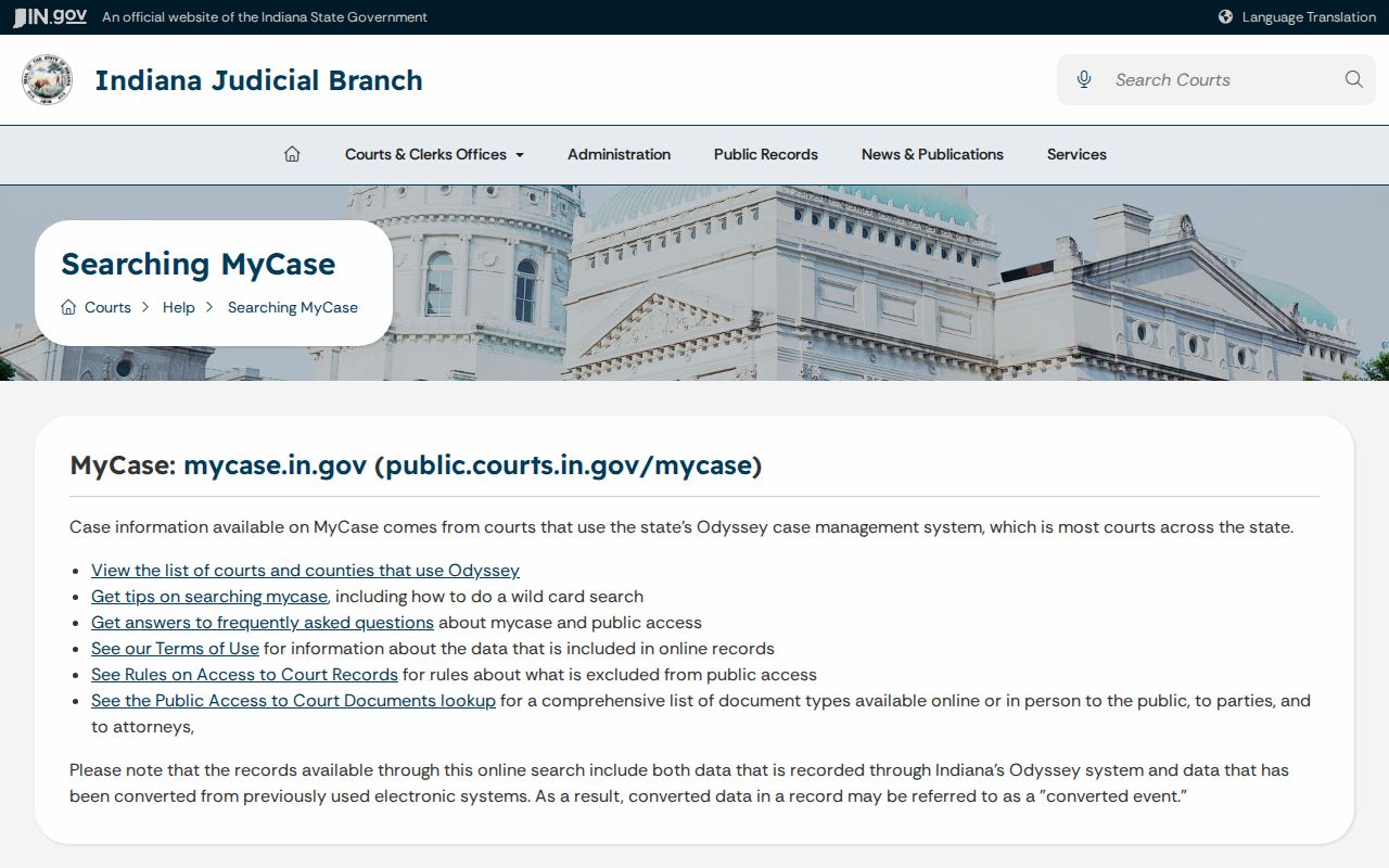 Indiana MyCase official help page for following Crawford County court cases