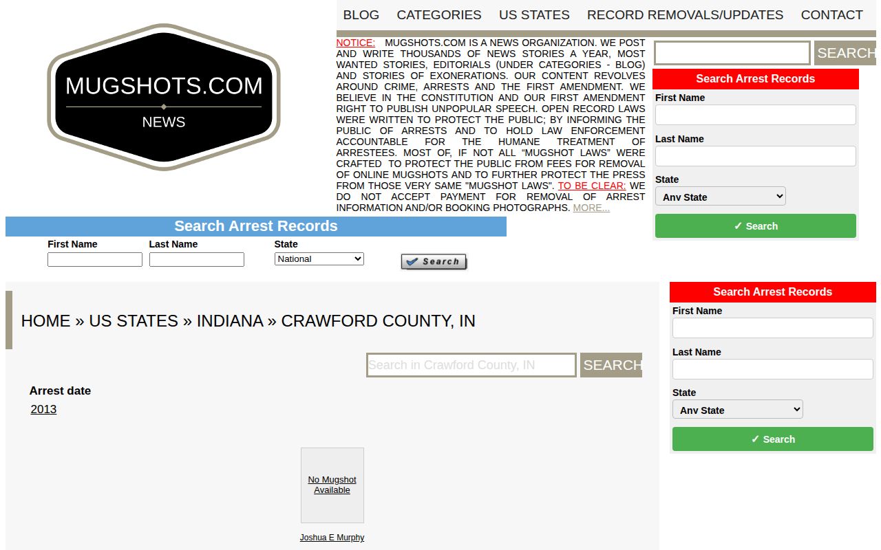 Unofficial Mugshots.com Crawford County Indiana archive page